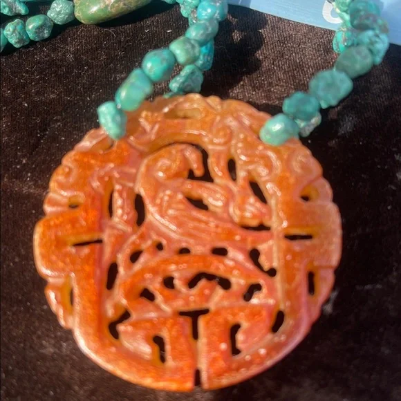 Handcrafted Turquoise and Orange Pendant Necklace - Picture 7 of 11